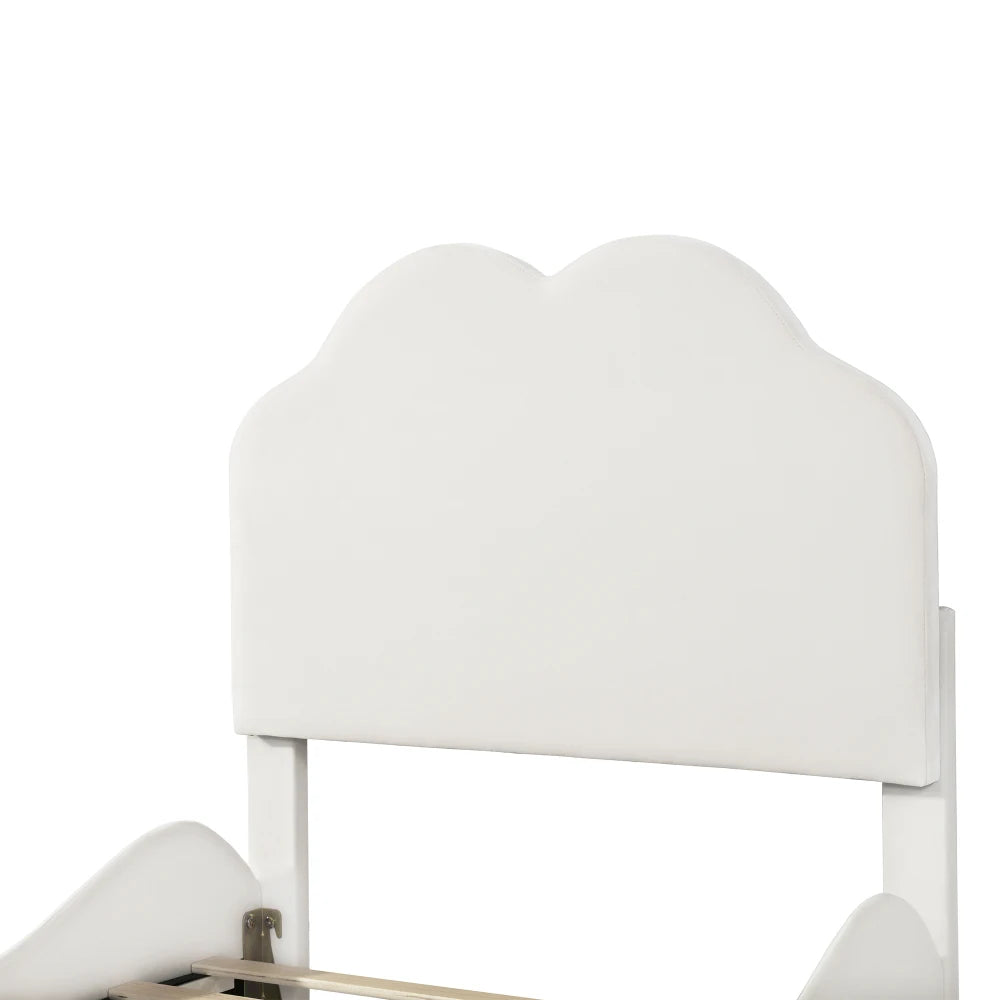Kinderbett 90 x 200 cm hohes Geländer, Kinderbettgestell mit wolkenförmigem Kopf und Fußteil, Bett aus hautfreundlichem Samt