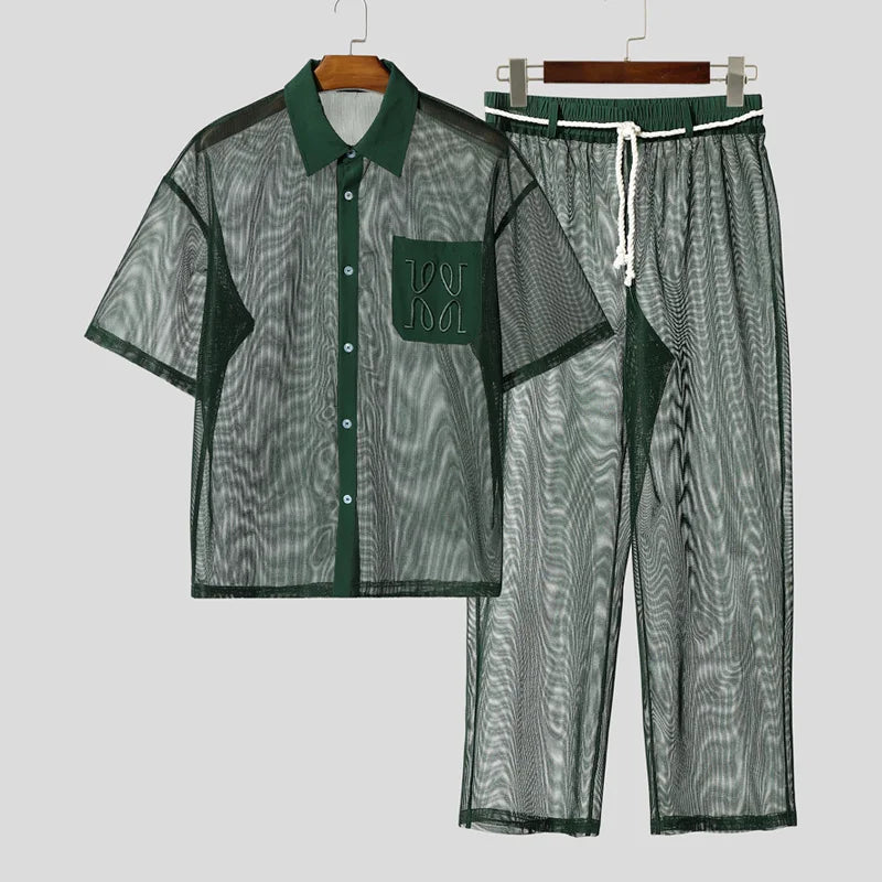 INCERUN Men Sets Mesh Patchwork See Through Sexy Short Sleeve Shirts & Pants Two Pieces Sets Streetwear 2025 Men's Casual Suits