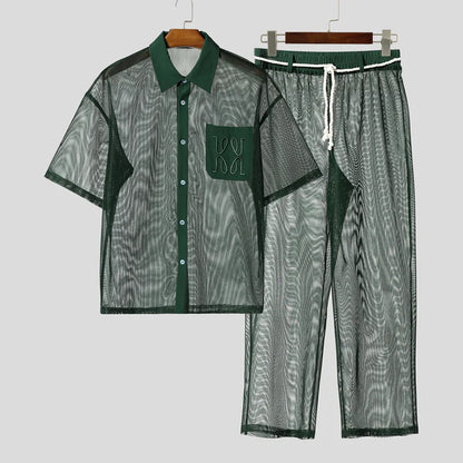 INCERUN Men Sets Mesh Patchwork See Through Sexy Short Sleeve Shirts & Pants Two Pieces Sets Streetwear 2025 Men's Casual Suits