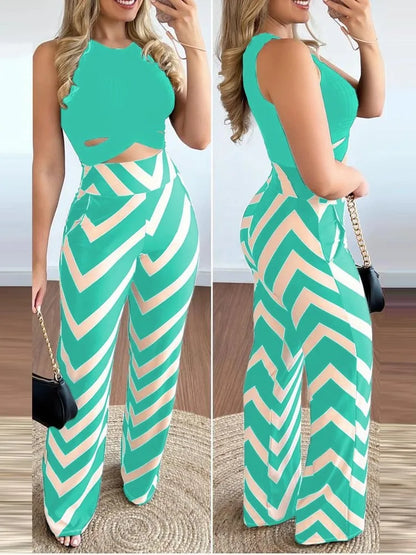 Spring Summer New Sleeveless Short Top Women's Suit Fashion Printed Trousers Slim Slim Simple Elegant Female Office 2 Piece Set