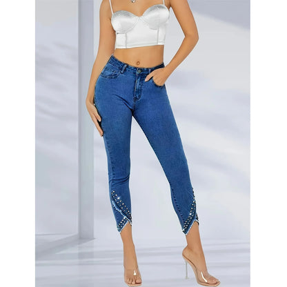 Plus Size Diamond Decorated Elastic Slim Fit Jeans Women's plus Size Washed Denim Stretchy Comfortable Big Size Female Pants.