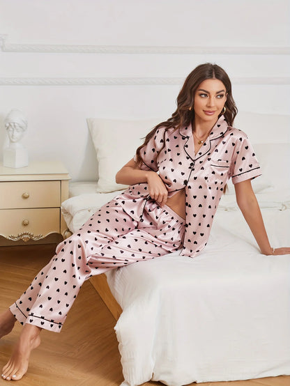 Satin-Pyjama-Set mit Herzdruck, lässig, kurzärmelig, Knöpfe, Revers, Oberteil und elastische Hose, Damen-Nachtwäsche