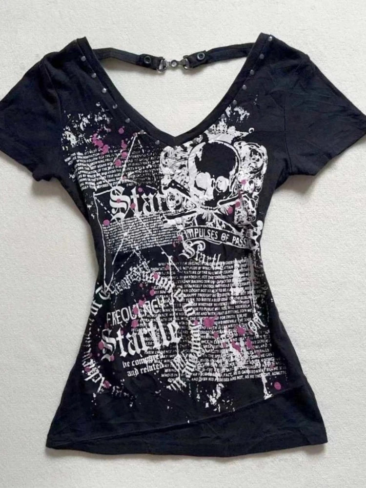 2025 Ropa Mujer Summer Tshirts for Women V-neck Short Sleeve Tunic Camisetas Pink Print Tees Crop Tops Casual Chic Y2k T-shirt.