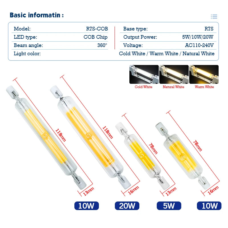 High Power LED R7S Glass Tube COB Bulb Ceramics 110V 220V 78MM 118MM R7s Corn Lamp 5W 10W 20W J78 J118 Replace Halogen Lampadas.