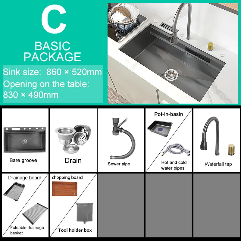 Stainless Steel New Kitchen Sink Household Piano Keys Multifunctional Waterfall Large Single Slot Dish and Vegetable Wash Basin