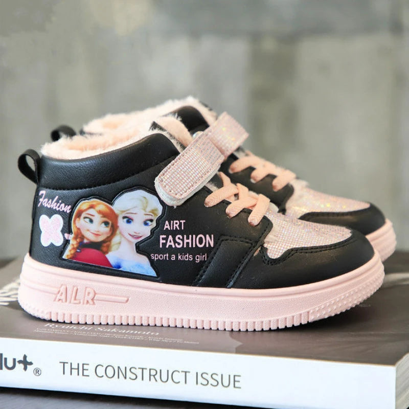 Disney Children Winter Ankle Snow Boots Cartoon Princess Elsa Frozen Pink Casual Shoes For Girls Warm Outdoor Shoes Size 26-37.
