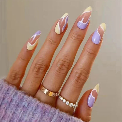 24Ps/Set White Ripple Glitter Chip Design Wearing False Nail French Full Cover Acrylic Press on Nail Almond Shape Fake Nail Tips
