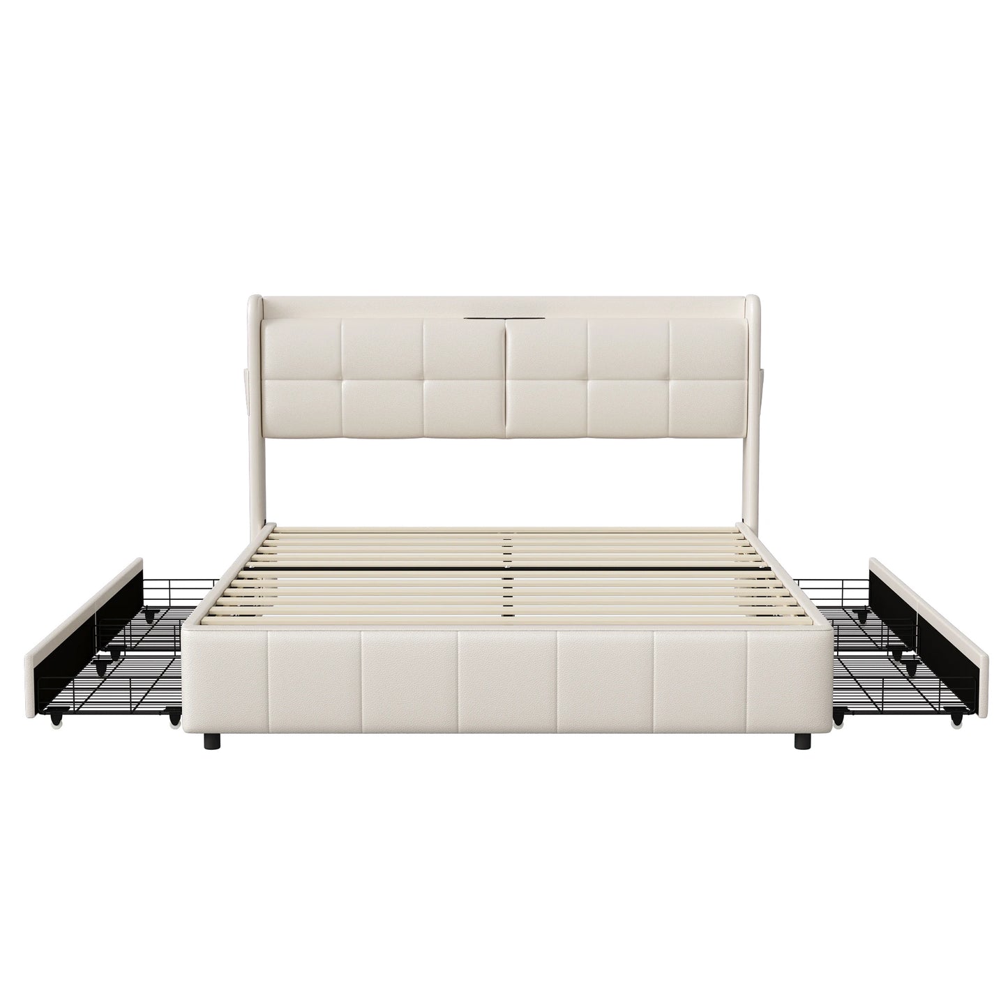 Lazyspace 140 x 200 cm Doppelbett mit 4 Schubladen, weiß gepolstertes Bett, Kopfteil mit Stauraum, USB, PU-Leder, keine Matratze