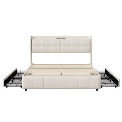 Lazyspace 140 x 200 cm Doppelbett mit 4 Schubladen, weiß gepolstertes Bett, Kopfteil mit Stauraum, USB, PU-Leder, keine Matratze