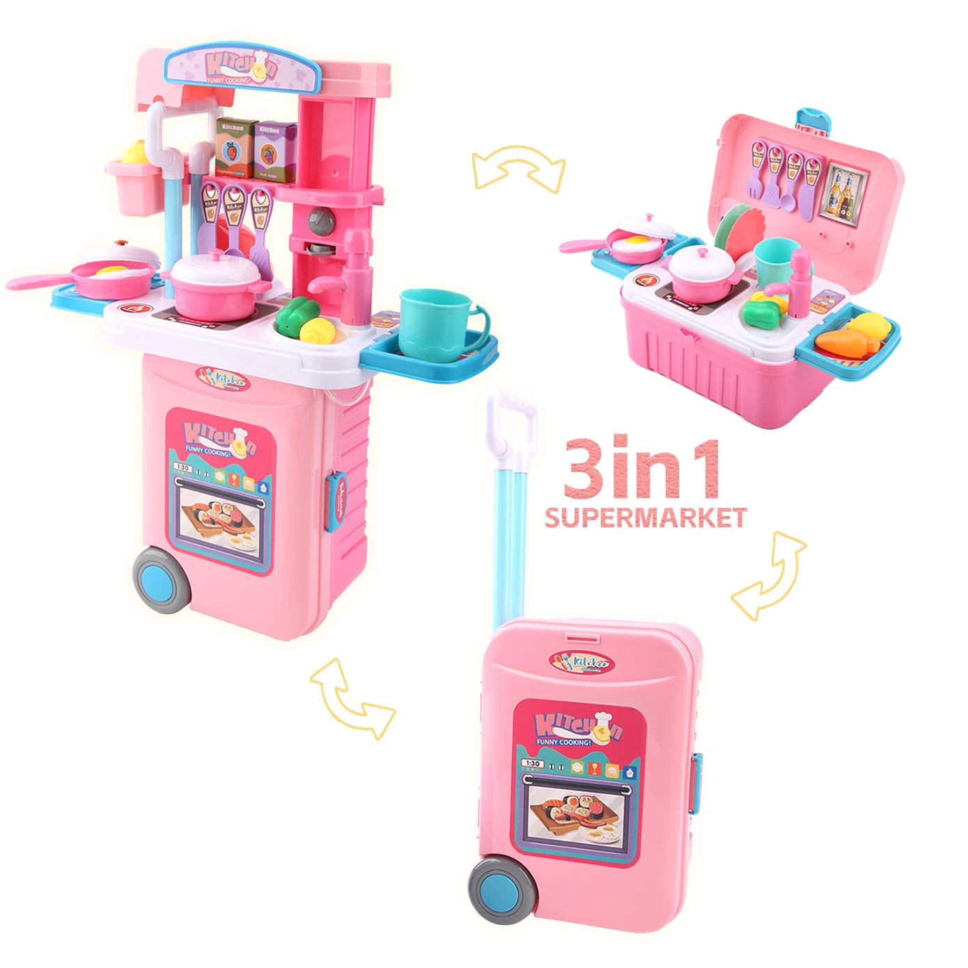Mini 3-in-1 Kitchen Set Toy Kitchen Pretend Play Integrates Storage Boxes and Tableware Sets Portable Suitcase Cooking Kits Toys.