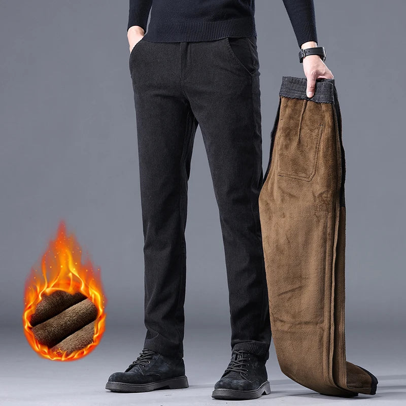 Khaki Black Gray Fleece Men's Corduroy Casual Pants Chenille Thick Stretch Business Trousers Mid-rise Brand Winter Thermal Pants.