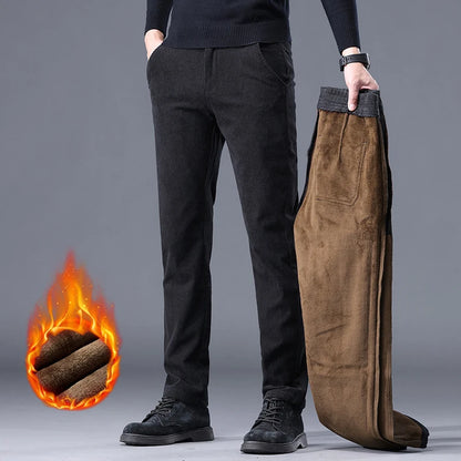 Khaki Black Gray Fleece Men's Corduroy Casual Pants Chenille Thick Stretch Business Trousers Mid-rise Brand Winter Thermal Pants.