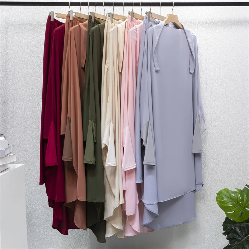 Muslim Sets Two Pieces Prayer Clothing Long Hooded Smocking Sleeve Shirts Hijab Loose Maxi Skirts Elastic Waist Women Abaya Sets.