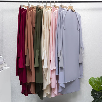 Muslim Sets Two Pieces Prayer Clothing Long Hooded Smocking Sleeve Shirts Hijab Loose Maxi Skirts Elastic Waist Women Abaya Sets.