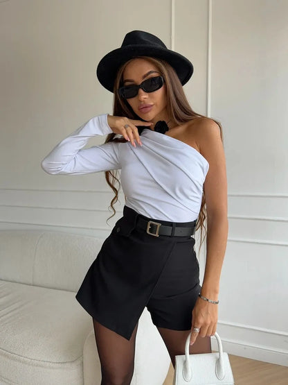 Women's One Shoulder Fit Sexy Night Club Blouse Top Women's Long Sleeve Fitted Elegant With Open Shoulder And Draping Shirt Top.