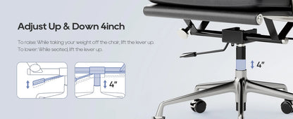 Verstellbarer Bürostuhl aus echtem Leder mit Lordosenstütze, Legierungsarmbasis, Chefsessel, ergonomische Schreibtisch-Computerstühle