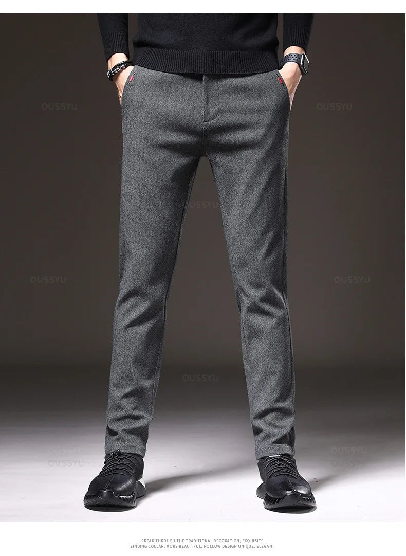 Autumn Winter Men's Brushed Fabric Casual Pants Business Fashion Slim Fit Stretch Thick Gray Blue Black Cotton Trousers Male.