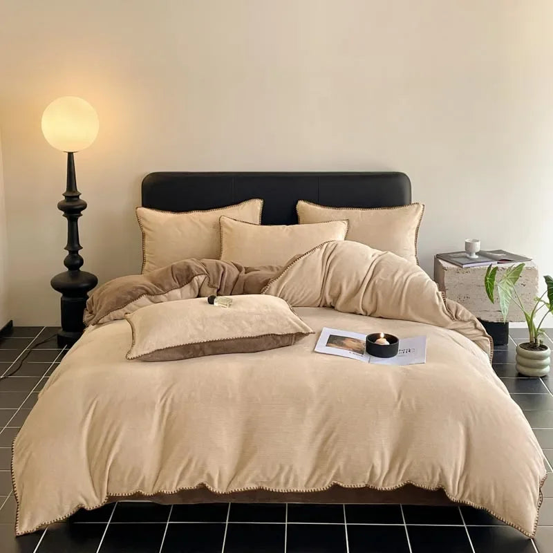 2024 new matte thin strip shell edge winter bed four-piece set milk fleece coral fleece thickened warm bed sheet quilt cover