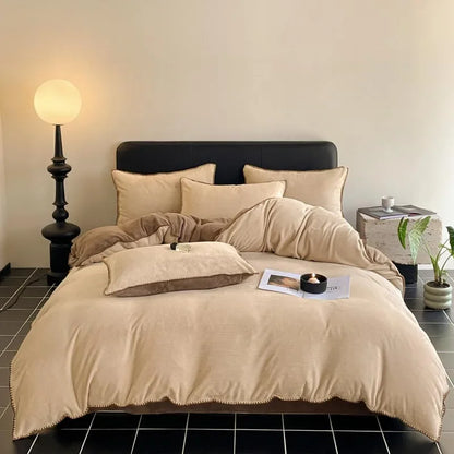 2024 new matte thin strip shell edge winter bed four-piece set milk fleece coral fleece thickened warm bed sheet quilt cover