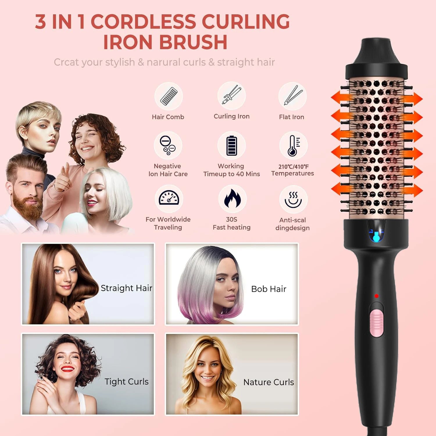 1.5 Inch Thermal Brush Ionic Heated Round Brush Curling Iron Negative Ion Volumizing Hot Brush Ceramic Electric Hair Brushes.