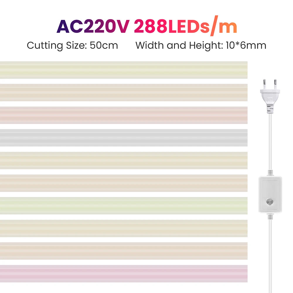 Dimmable COB LED Neon Light Strip 220V Dimmer Power Kit Waterproof 10 Colors 5m 10m 20m 30m 0.5m 288LEDs/m Flex Tube Lamp Decor.