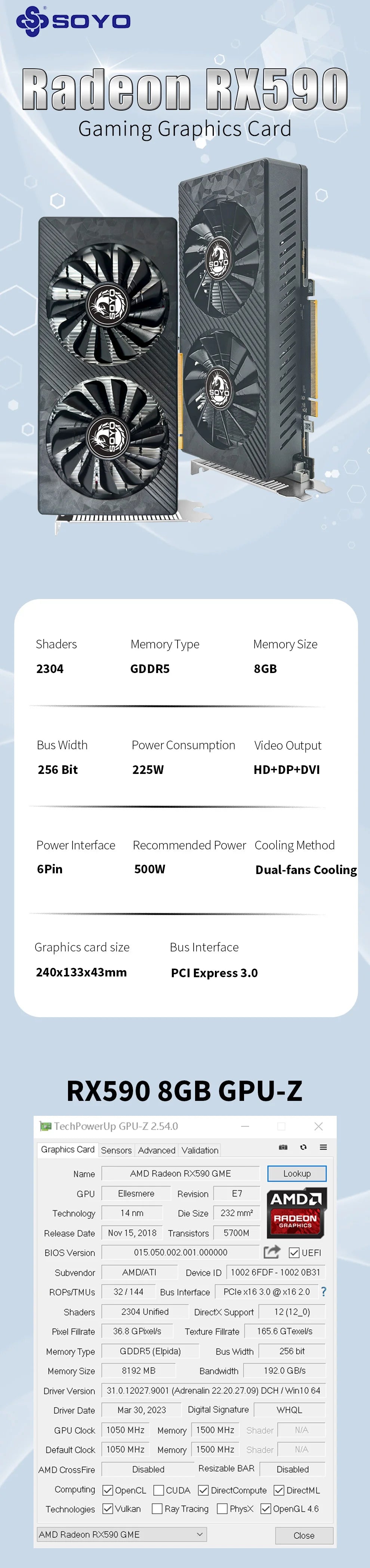 SOYO AMD RX 590 8GB Placa De Video Gaming Graphics Card GDDR5 256Bit PCI Express 3.0 ×16 6Pin Radeon GPU rx590 Series.