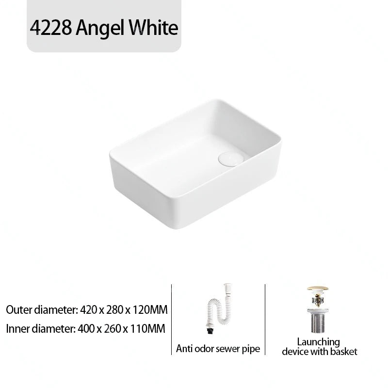 Rechteckiges Waschbecken aus Porzellan-Keramik für Badezimmer, modernes Waschbecken über der Theke mit Abflussset, Waschtischwaschbecken auf der Arbeitsplatte