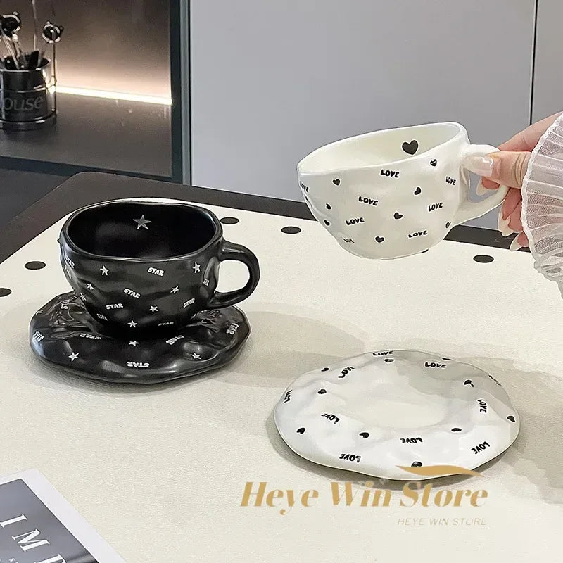 240ml Irregular Ceramic Coffee Cup and Saucer High Appearance Level Afternoon Teacup Office Home Milk Cup Water Cups for Couples.