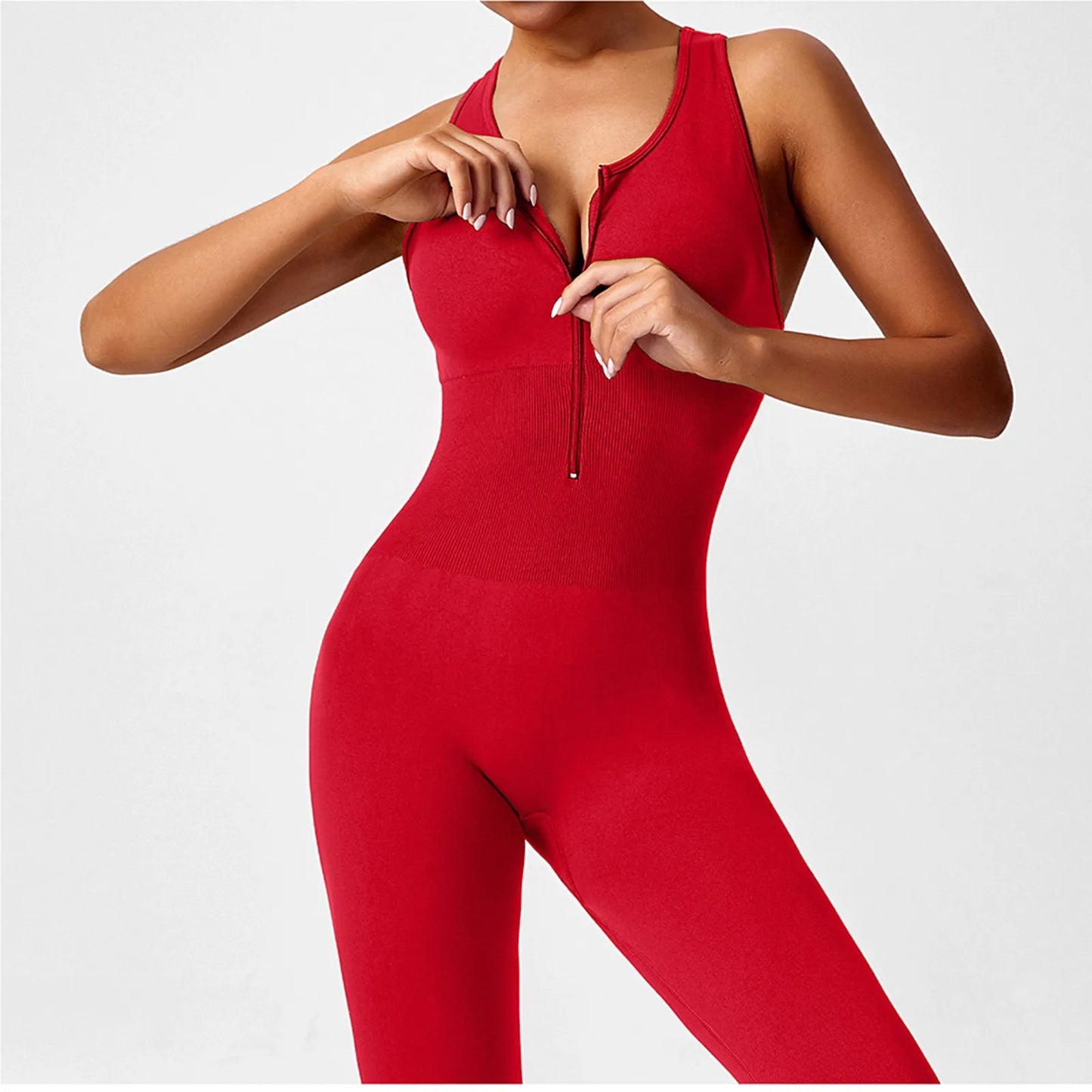 Ladies' Fashion Solid Color Round Neck Tight Yoga Jumpsuit Breathable Sleeveless Front Zipper Soft and Comfy Fitness Clothes.