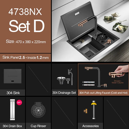 ASRAS Hidden Bar Island kitchen Sink Nanometer SUS 304 Flip Cover Hidden Handmade Small Size kitchen Sinks With Cup Rinser