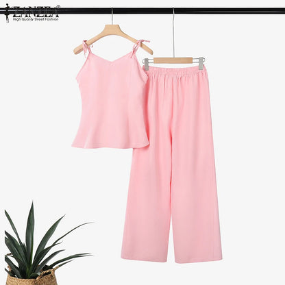 ZANZEA Women Stylish 2 Pieces Pant Sets Spaghetti Straps V-Neck Ruffled Camisole Tops & Wide Leg Pants 2pcs Suits Woman Outfits.