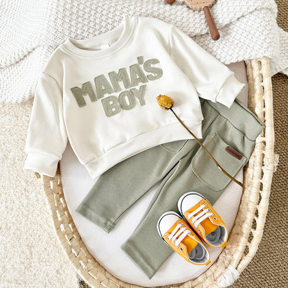 2025 Baby Jungen Kleidung MAMA'S JUNGE Sets Herbst Baby Mädchen Kleinkind Outfit Sweatshirt Top Hosen 2 Stücke Langarm Winter warme Säuglingsanzug.