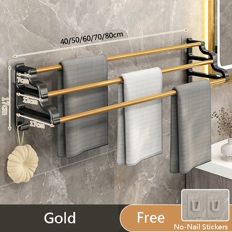 Handtuchhalter mit drei Stangen, selbstklebender, stanzfreier Handtuchhalter mit Haken, platzsparender Handtuch-Aufbewahrungsregal für Badezimmer