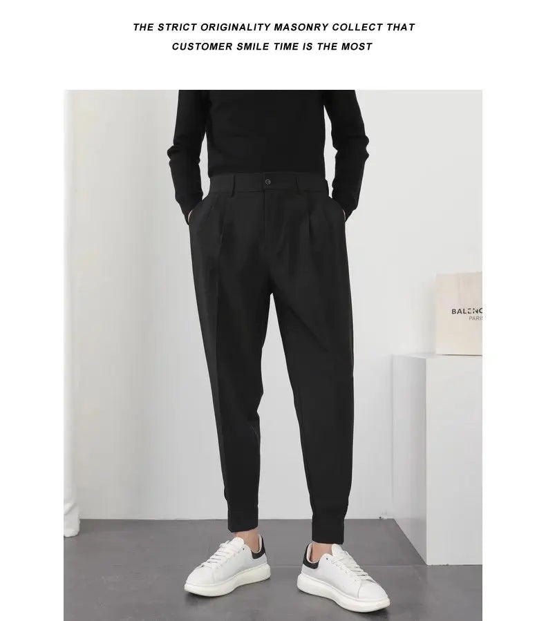 Fashion Men Casual Pants Elastic Waist Small Feet Slim Korean Style Pleated Tapered Male Blazer Pants Trousers Streetwear.