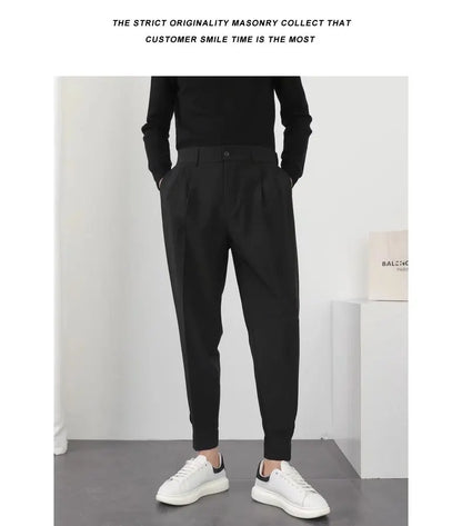 Fashion Men Casual Pants Elastic Waist Small Feet Slim Korean Style Pleated Tapered Male Blazer Pants Trousers Streetwear.