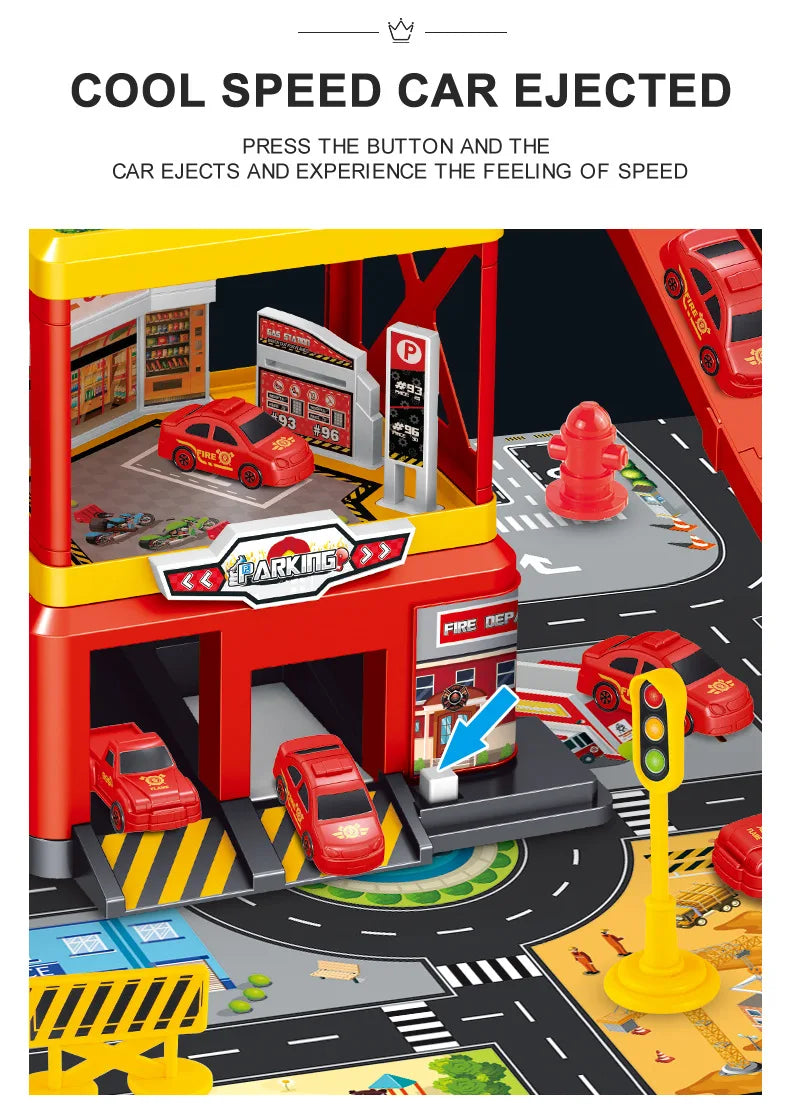 Garage Racing Track Sliding Car Parking Lot Toys Multi-Storey Car Parking Fire Police Engineering Mini Vehicle Toy for Boys Gift.
