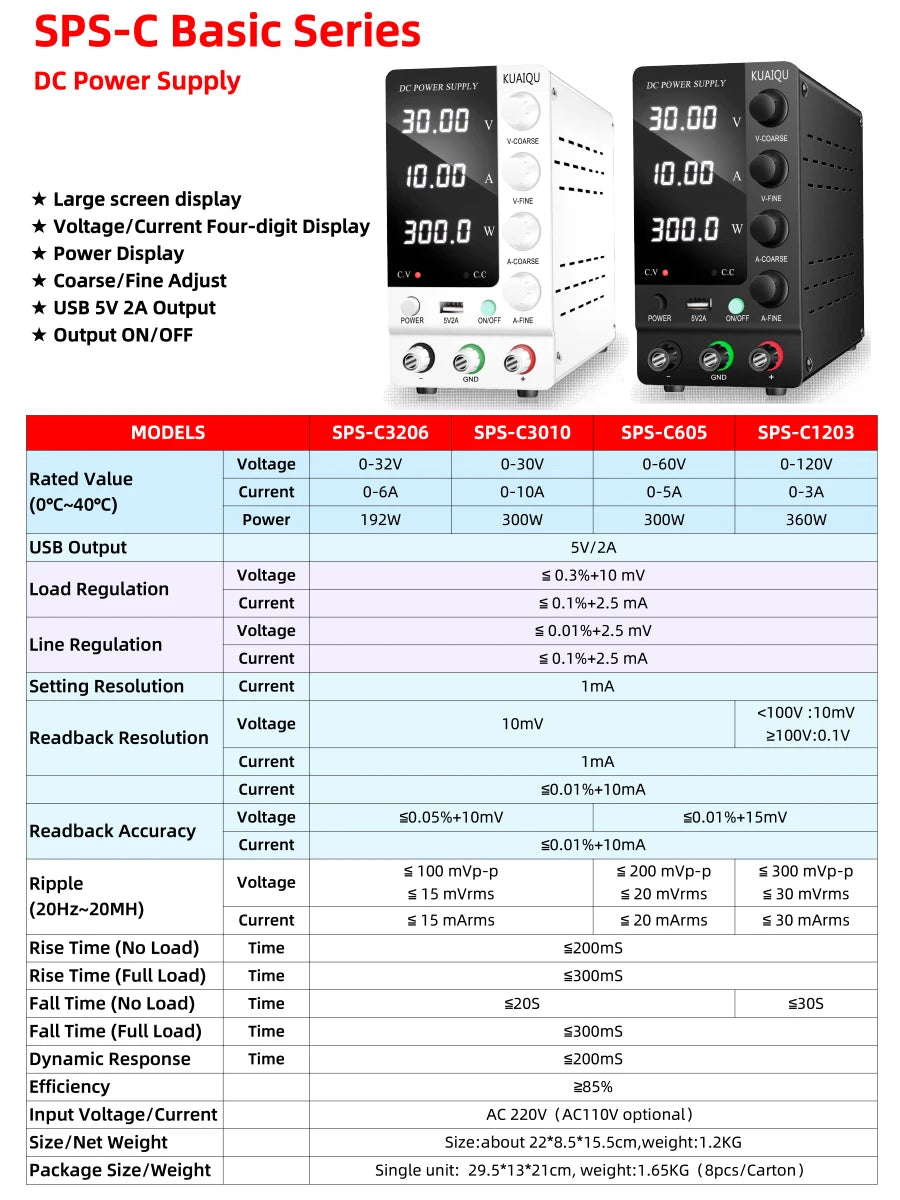KUAIQU DC Power Supply Adjustable 30V 10A 32V 6A,Switching Regulated DC Bench Power Supply with Output Switch 60V 5A 120V 3A.