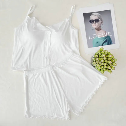 Conjuntos De Pijama Neue Sexy Baumwolle Sling Top Shorts Set Bh Pad Sommer Nachtwäsche Pyjamas Für Frauen Hause Tragen Nachtwäsche Anzug