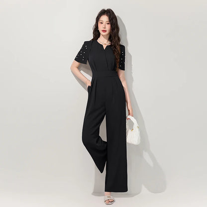 Women's Luxury Diamond-Studded Jumpsuit – Slim Fit Wide Leg Palazzo Pants, Autumn Short Sleeve Romper with High Waist.