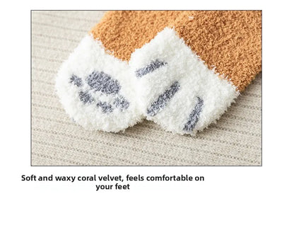 Women Socks Winter Warm Fluffy Socks Cute Animal Claw Cat Paw Footprint Fuzzy Socks Thicken Coral Fleece Home Floor Sleep Socks.