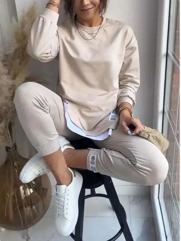 New Autumn Patchwork Loose Two Piece Set  Women's Fashion Long Sleeve Pullover Suit Casual Hoodie Sports Pencil Pants Outfits.