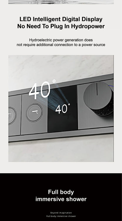Deckenmontiertes thermostatisches LED-Digitalanzeige-Duschsystem. Eingebetteter Badmischer aus Messing im Wasserfallstil für heißes und kaltes Wasser