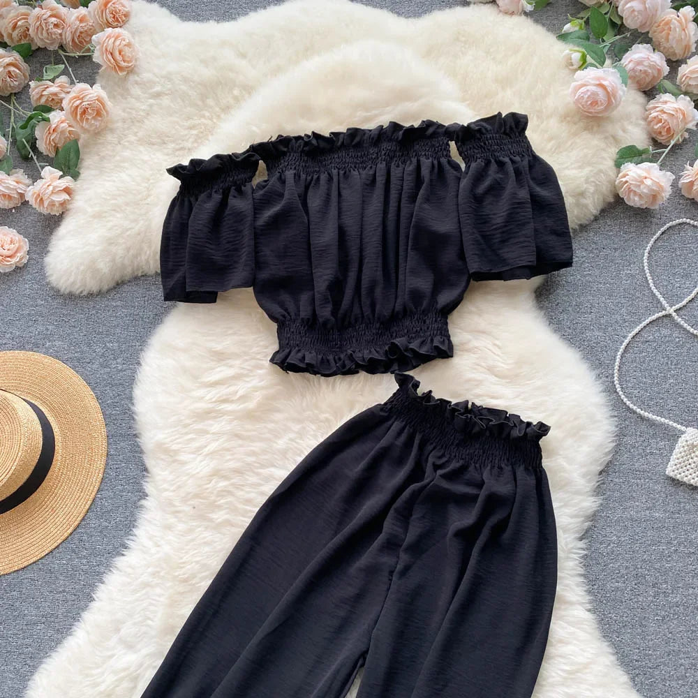 2024 Summer Green/Black/Red Two Piece Set Women Sexy Slash Neck Short Tops + High Waist Wide Leg Pants Female Suit New