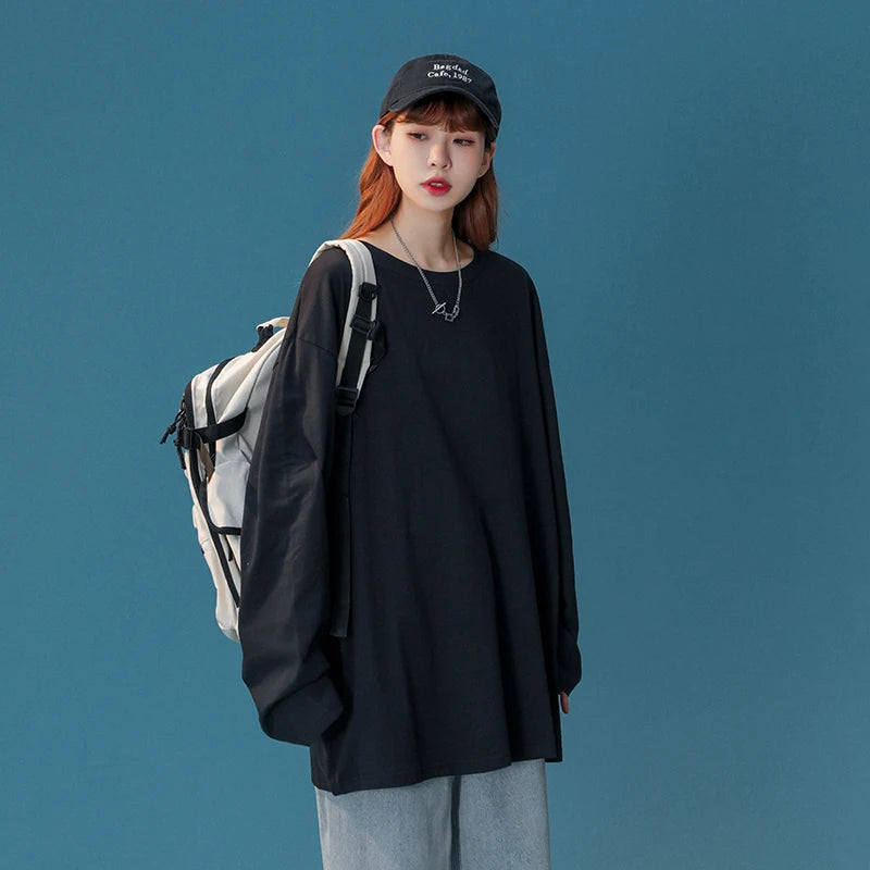 COUTUDI-Oversized T-Shirt for Women, Loose Pullover,Long Sleeve, Casual 100% Cotton Tee Shirt, Lady Tops, Korean Streetwears