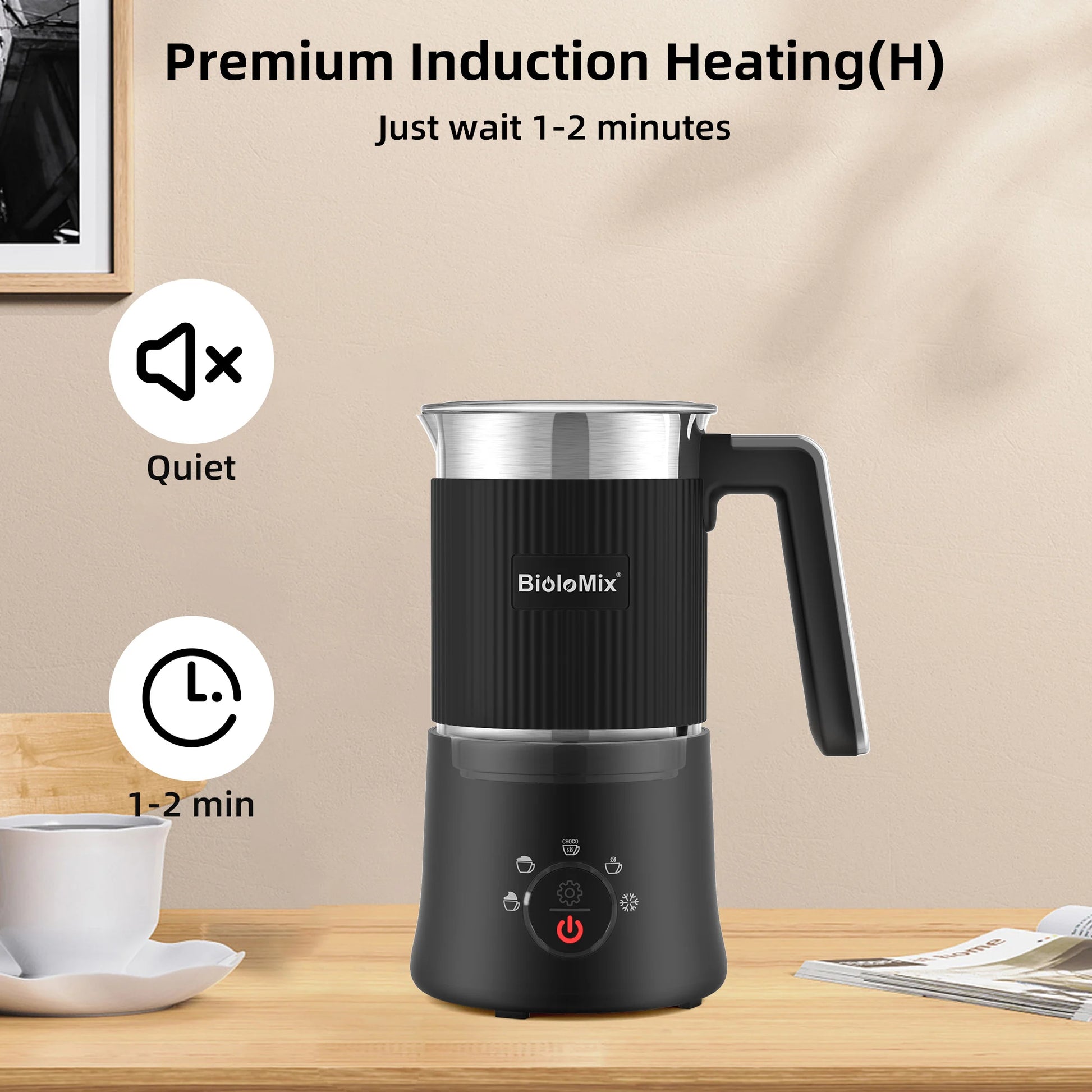 BioloMix Detachable Milk Frother and Steamer,5-in-1 Automatic Hot/Cold Foam and Hot Chocolate Maker,Dishwasher Safe.