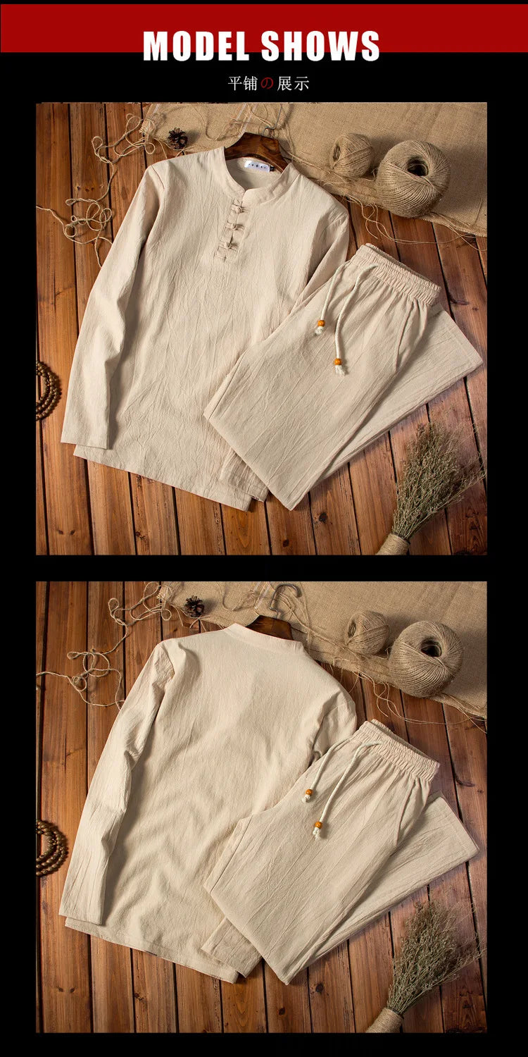 2025 Chinese Style Cotton Linen Casual Suits Spring Autumn Men's Long-sleeved Shirt and Pants Two-pieces Fashion Men Sets M-5XL.