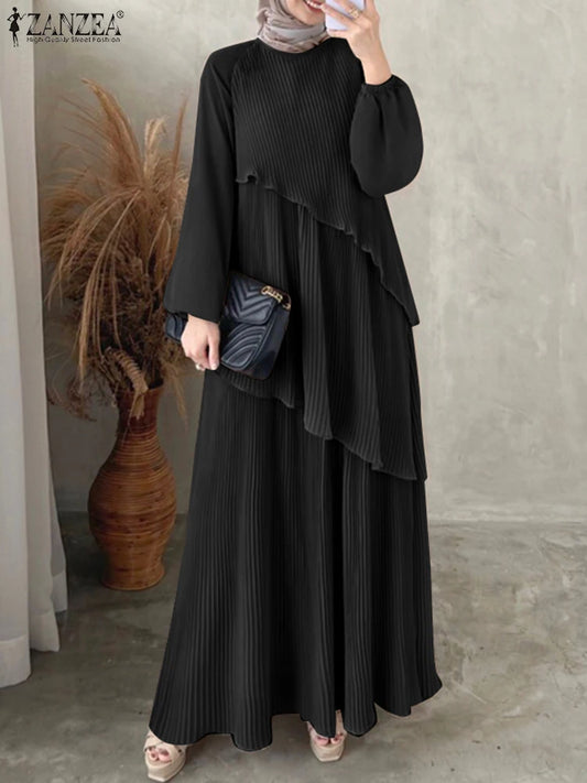 2025 ZANZEA Fashion Women Autumn Long Sleeve Maxi Sundress Muslim Abaya Dresses Duabi Robe Femme IsIamic Clothing Hijab Vestidos.