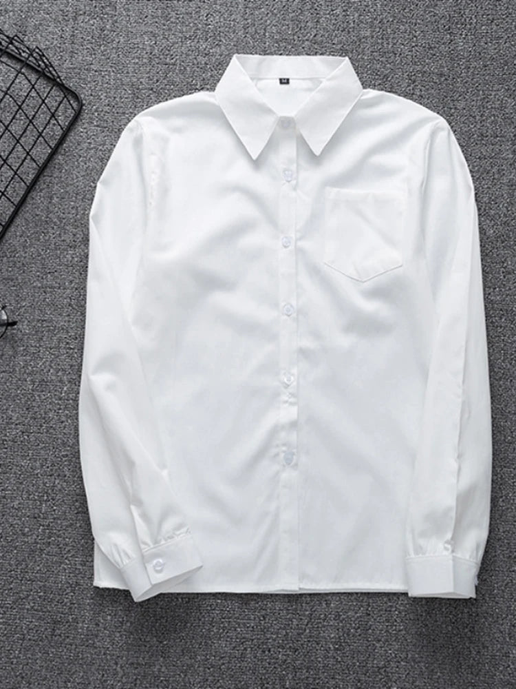 Zoki White Women Shirt Fashion Long Sleeve Casual Turn Down Collar Female Blouse Loose Pocket Button Office Ladies Elegant Tops.