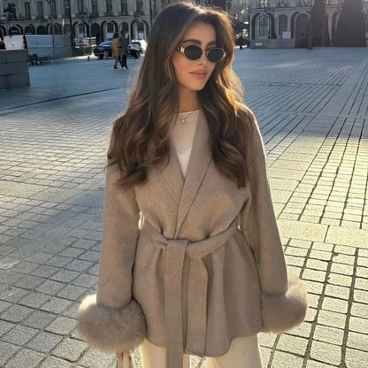 2025 Autumn Winter Chic Lapel Plush Coat With Belt Women Vintage Faux Fur Sleeve Tweed Open Coats Female Casual Street Outwear
