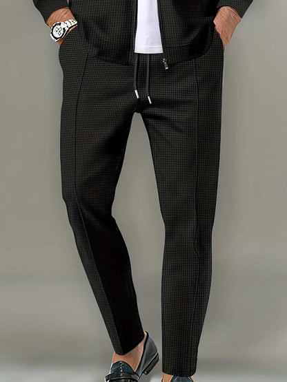 Men's Waffle Check Stand-Up Collar Semi-Casual Business Suit Two-Piece Set Button-Down Top with Comfortable Trousers